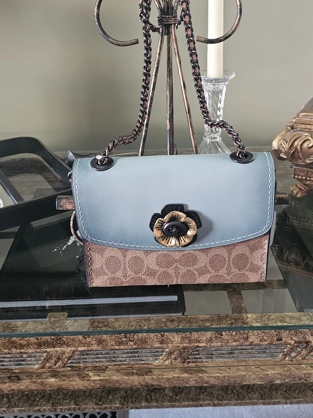 Coach Blue Leather Flap Signature Canvas Crossbody with Floral Turnlock